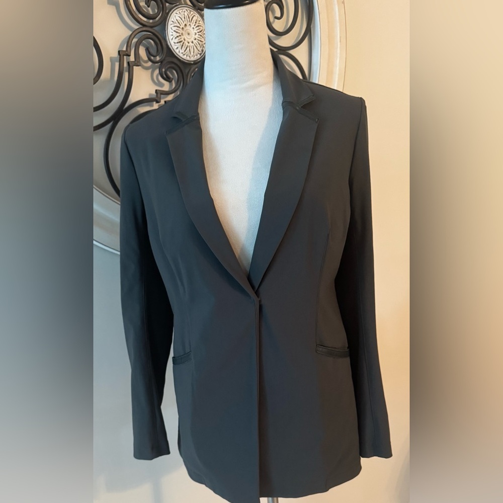 Elaine Kim Tech Stretch Blazer with Leather Trim Olive Green Size M